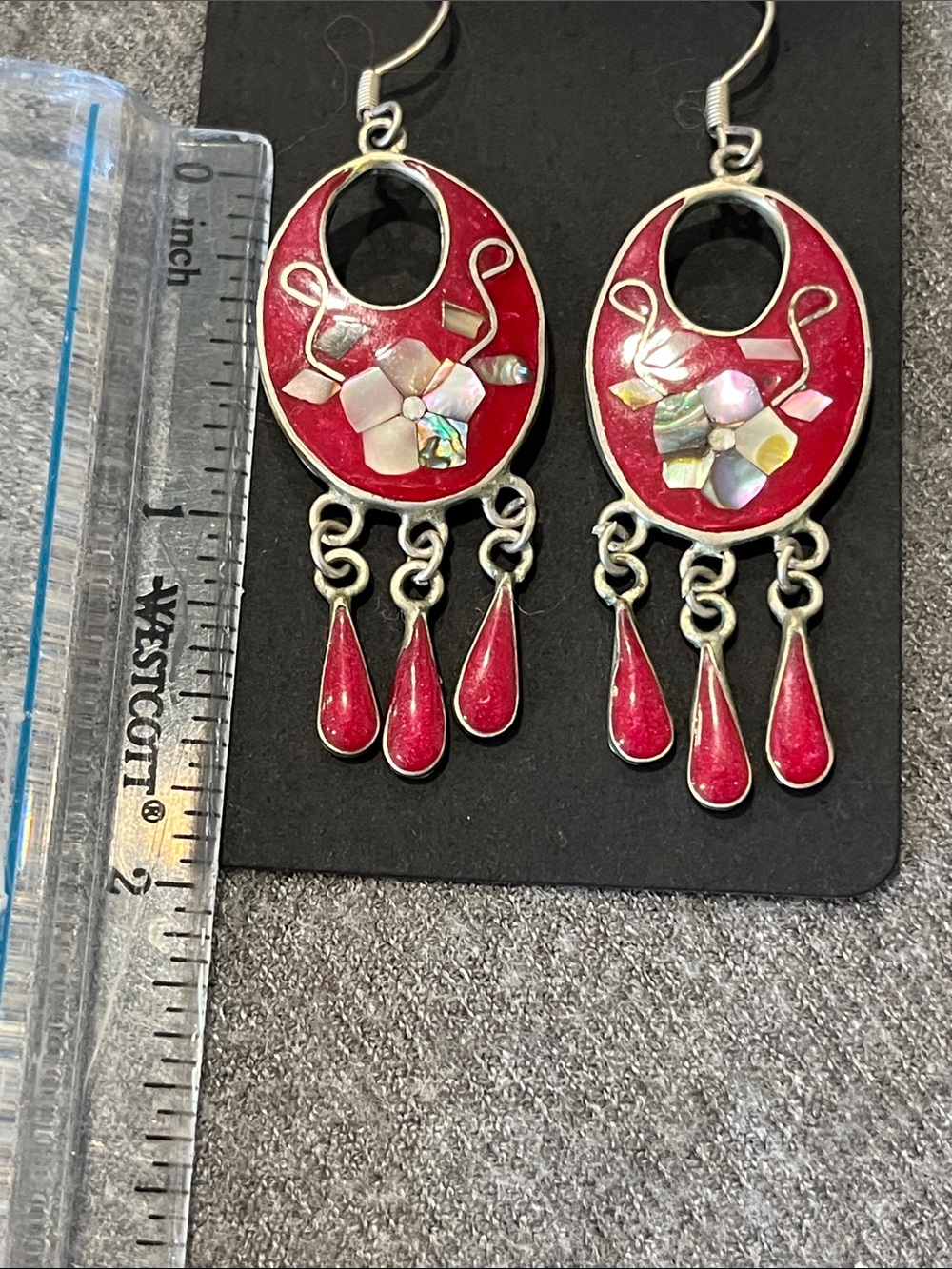 Alpaca Silver Abalone &Red Enabled Earrings - Picture 5 of 5